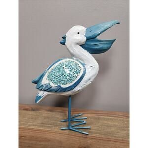Mosaic Standing Pelican Blue Glass Figure 10" Garden Sea Bird Ocean Decor Beach